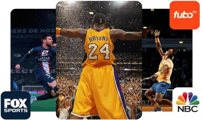 Sport‑Banner: Collage aus Fussball‑, Basketball‑ und Tennis‑Szenen mit Sport‑Logos (Fox Sports, Fubo TV, NBC)